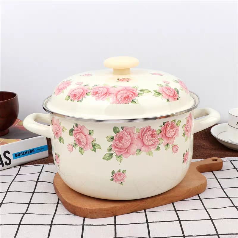 Soup Kettle Warmer - 뚜껑이 달린 우아한 핑크 장미 에나멜