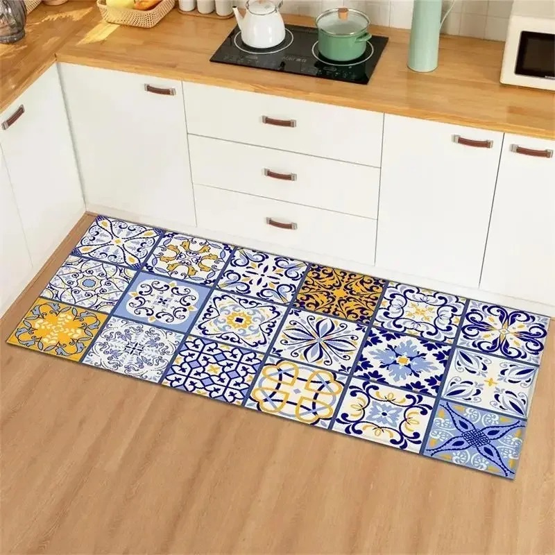Commercial Kitchen Tile Flooring - 블루 옐로우 빈티지 타일 콜라주 주방