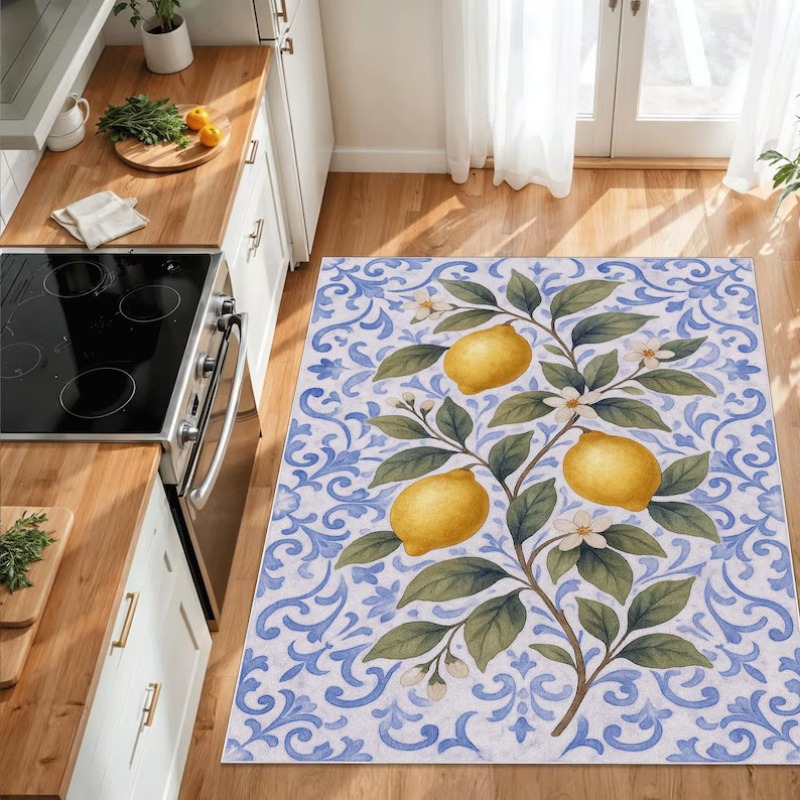 밝은 여름 지중해 레몬 타일 카펫 감귤과 잎사귀 디자인 - Commercial Kitchen Tile Flooring 리뷰 및 가격