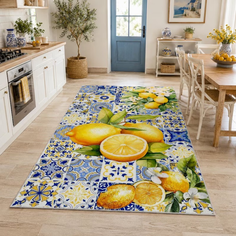 밝은 여름 지중해 레몬 타일 카펫 감귤과 잎사귀 디자인 - Commercial Kitchen Tile Flooring 리뷰 및 가격