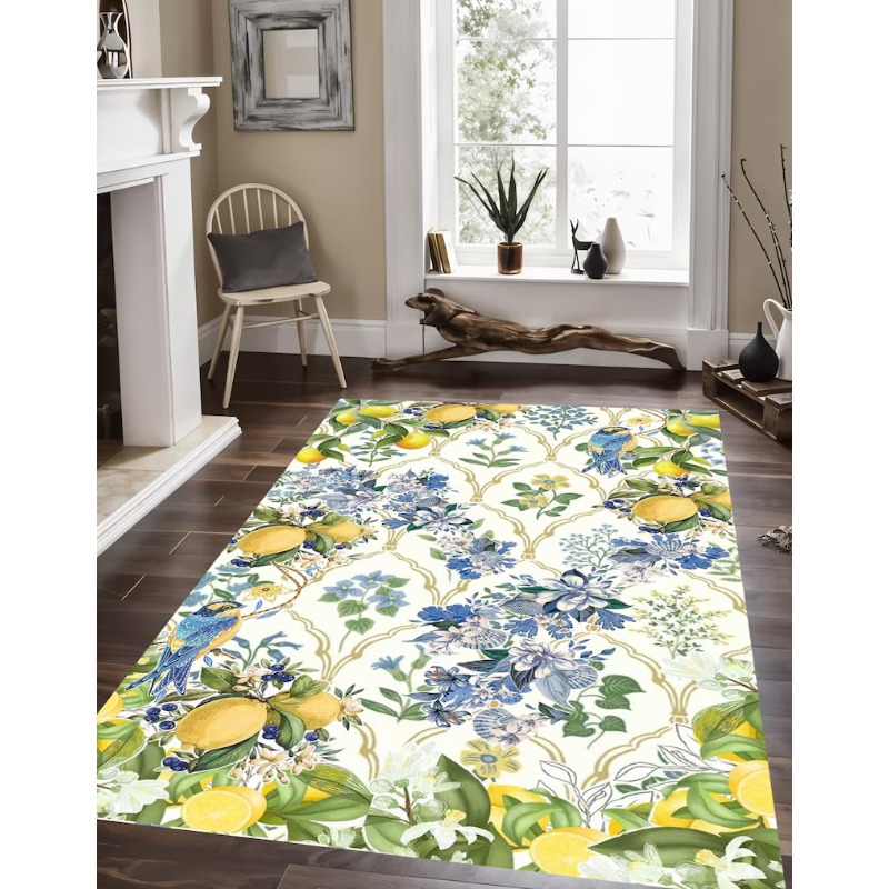 밝은 여름 지중해 레몬 타일 카펫 감귤과 잎사귀 디자인 - Commercial Kitchen Tile Flooring 리뷰 및 가격